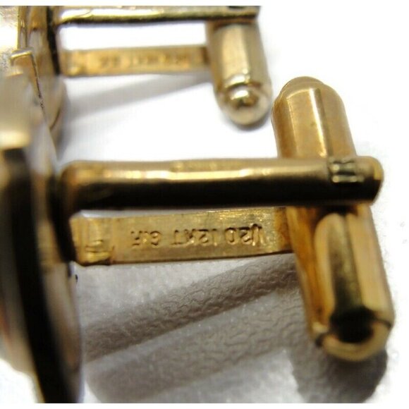 Vintage Cufflinks 1/20 12K Gold Filled Black Onyx Swept Design Signed Janice - Picture 5 of 10